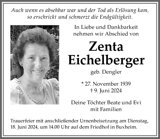 Traueranzeige von Zenta Eichelberger von Memminger Zeitung