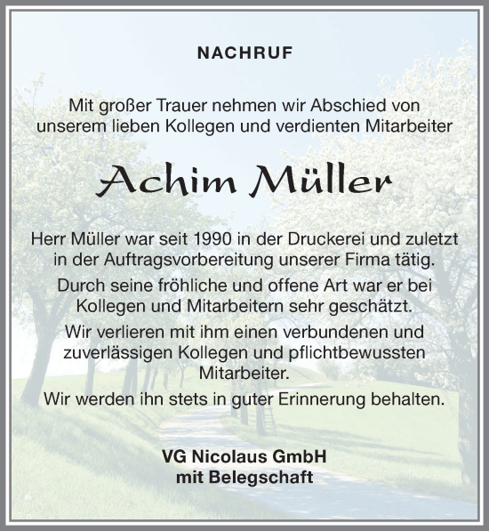 Traueranzeige von Achim Müller von Allgäuer Zeitung,Kempten