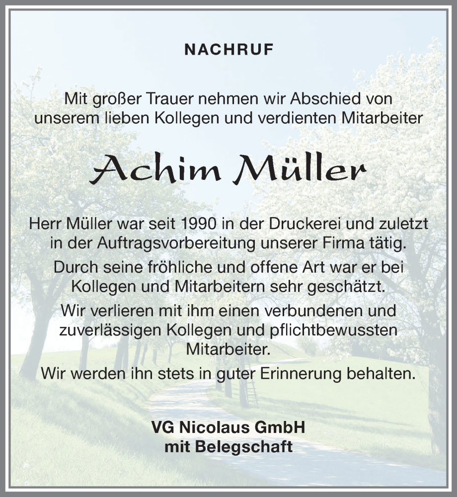  Traueranzeige für Achim Müller vom 15.07.2024 aus Allgäuer Zeitung,Kempten