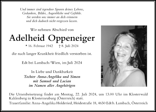 Traueranzeige von Adelheid Oppeneiger von Der Westallgäuer