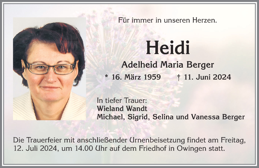  Traueranzeige für Adelheid Maria Berger vom 06.07.2024 aus Allgäuer Zeitung, Marktoberdorf