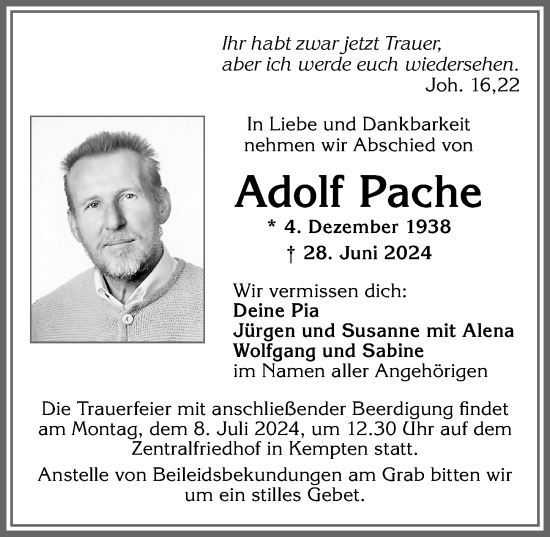 Traueranzeige von Adolf Pache von Allgäuer Zeitung,Kempten