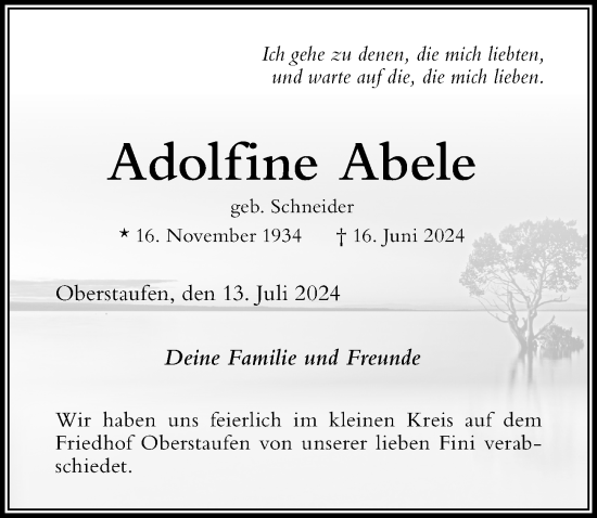 Traueranzeige von Adolfine Abele von Der Westallgäuer
