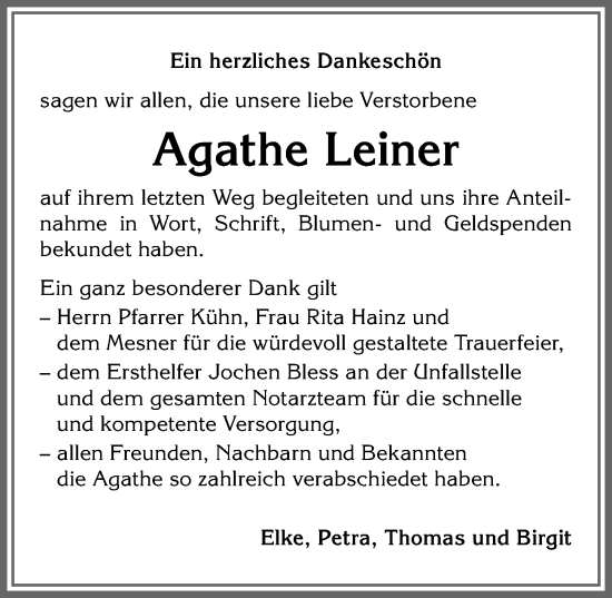 Traueranzeige von Agathe Leiner von Allgäuer Anzeigeblatt