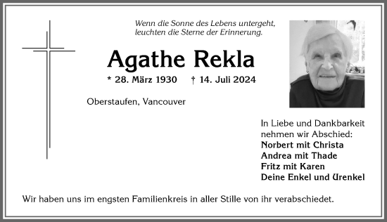 Traueranzeige von Agathe Rekla von Allgäuer Anzeigeblatt