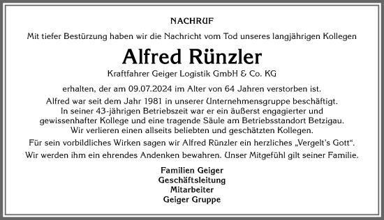 Traueranzeige von Alfred Rünzler von Allgäuer Zeitung, Marktoberdorf