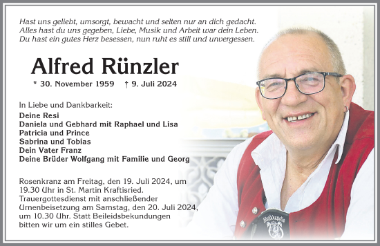 Traueranzeige von Alfred Rünzler von Allgäuer Zeitung, Marktoberdorf
