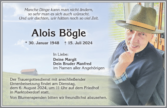 Traueranzeige von Alois Bögle von Allgäuer Zeitung, Marktoberdorf