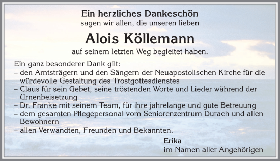 Traueranzeige von Alois Köllemann von Allgäuer Zeitung,Kempten