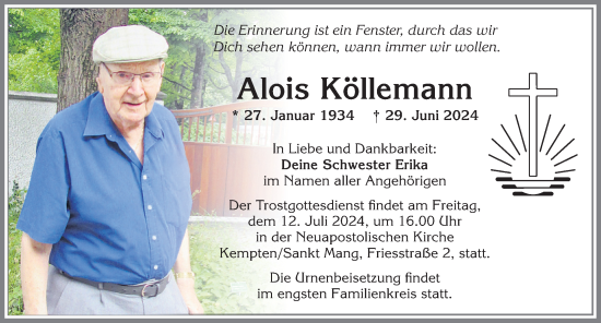 Traueranzeige von Alois Köllemann von Allgäuer Zeitung,Kempten