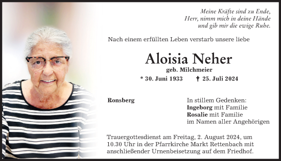 Traueranzeige von Aloisia Neher von Allgäuer Zeitung, Marktoberdorf