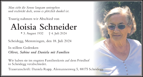 Traueranzeige von Aloisia Schneider von Memminger Zeitung
