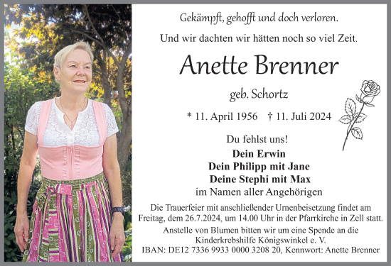 Traueranzeige von Anette Brenner von Allgäuer Zeitung, Füssen