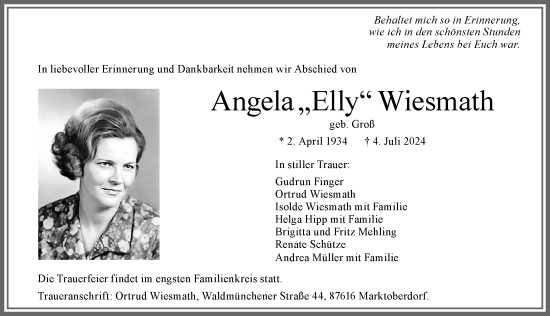 Traueranzeige von Angela Wiesmath von Allgäuer Zeitung, Füssen