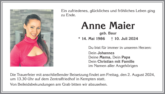 Traueranzeige von Anne Maier von Allgäuer Zeitung,Kempten