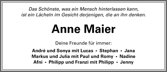 Traueranzeige von Anne Maier von Allgäuer Zeitung,Kempten