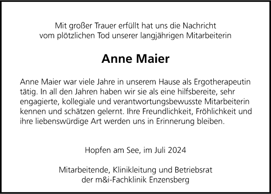 Traueranzeige von Anne Maier von Allgäuer Zeitung,Kempten