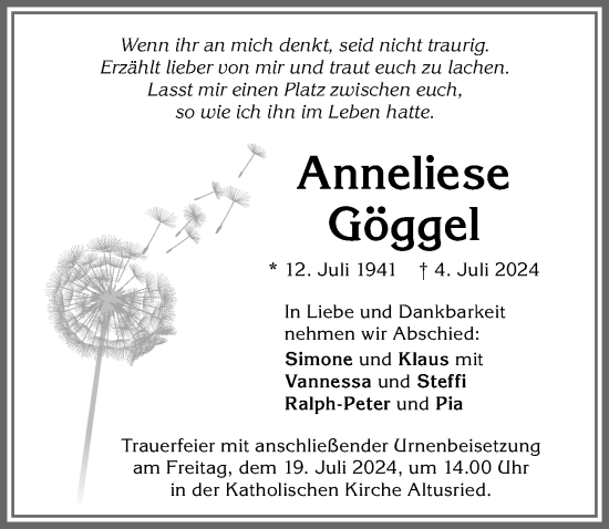 Traueranzeige von Anneliese Göggel von Allgäuer Zeitung,Kempten