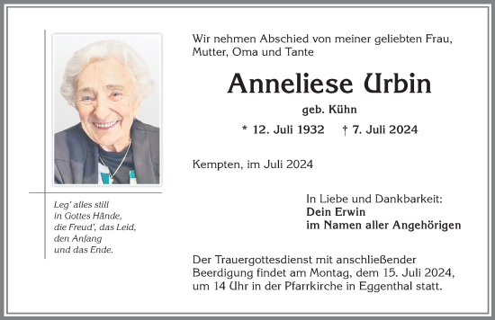 Traueranzeige von Anneliese Urbin von Allgäuer Zeitung, Kaufbeuren/Buchloe