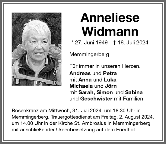 Traueranzeige von Anneliese Widmann von Memminger Zeitung