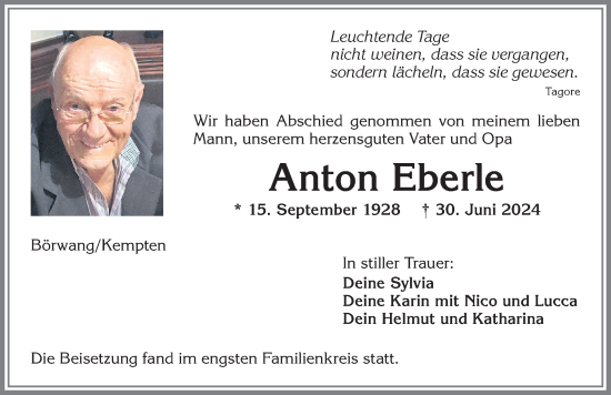 Traueranzeige von Anton Eberle von Allgäuer Zeitung,Kempten