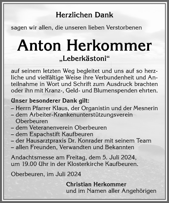Traueranzeige von Anton Herkommer von Allgäuer Zeitung, Kaufbeuren/Buchloe