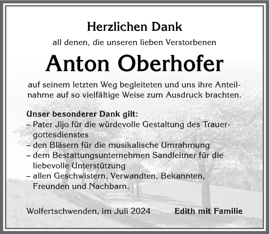 Traueranzeige von Anton Oberhofer von Memminger Zeitung