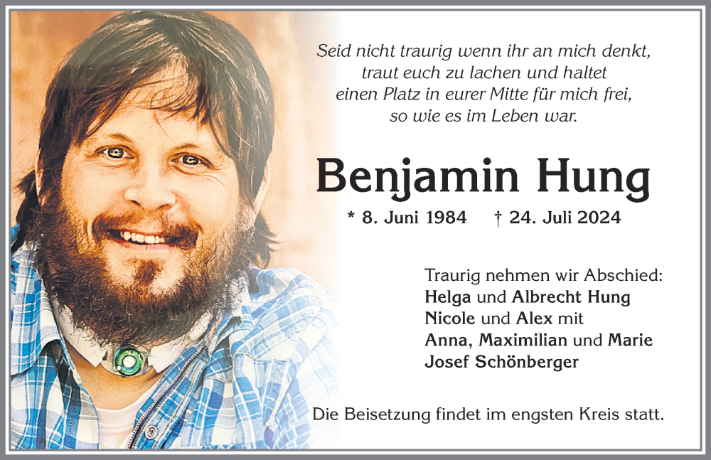  Traueranzeige für Benjamin Hung vom 27.07.2024 aus Allgäuer Zeitung,Kempten