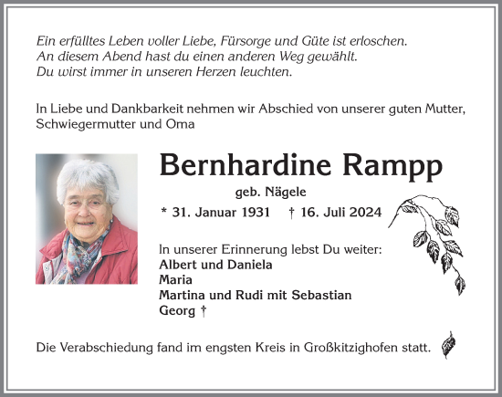 Traueranzeige von Bernhardine Rampp von Allgäuer Zeitung, Kaufbeuren/Buchloe