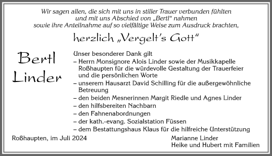 Traueranzeige von Bertl Linder von Allgäuer Zeitung, Füssen