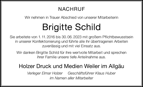 Traueranzeige von Brigitte Schild von Der Westallgäuer