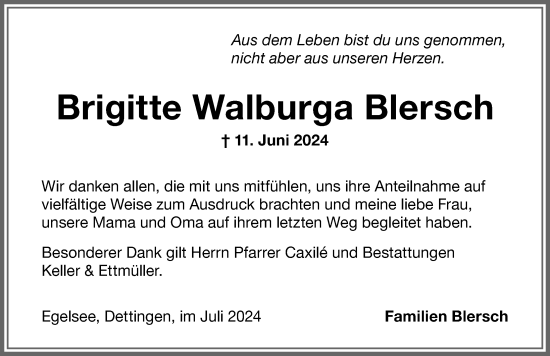 Traueranzeige von Brigitte Walburga Blersch von Memminger Zeitung