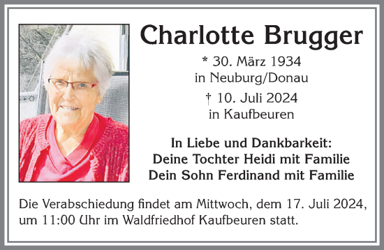 Traueranzeige von Charlotte Brugger von Allgäuer Zeitung, Kaufbeuren/Buchloe
