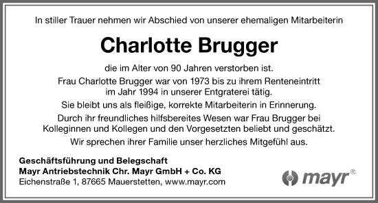 Traueranzeige von Charlotte Brugger von Allgäuer Zeitung, Kaufbeuren/Buchloe