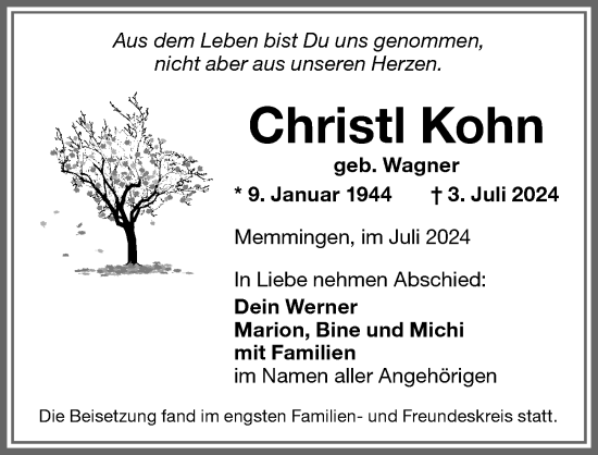 Traueranzeige von Christi Kohn von Memminger Zeitung