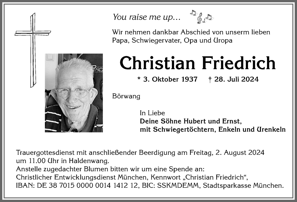  Traueranzeige für Christian Friedrich vom 31.07.2024 aus Allgäuer Zeitung,Kempten
