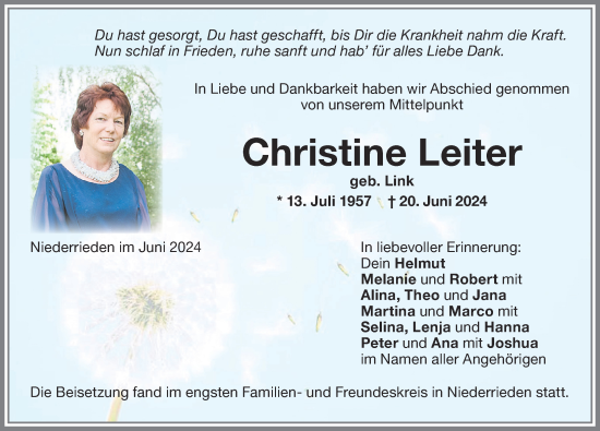 Traueranzeige von Christine Leiter von Memminger Zeitung