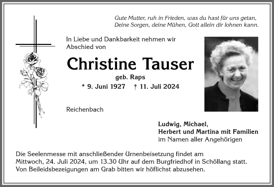 Traueranzeige von Christine Tauser von Allgäuer Anzeigeblatt