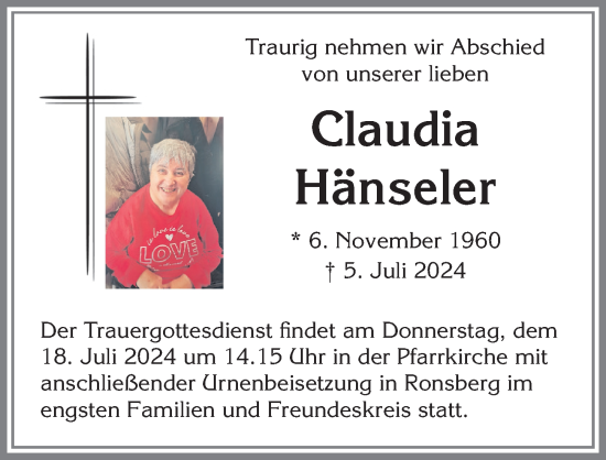 Traueranzeige von Claudia Hänseler von Allgäuer Zeitung, Marktoberdorf