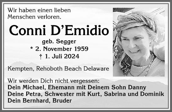 Traueranzeige von Conni D’Emidio von Allgäuer Zeitung,Kempten
