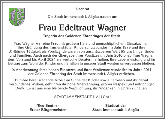 Traueranzeige von Edeltraut Wagner von Allgäuer Anzeigeblatt
