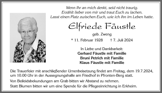 Traueranzeige von Elfriede Fäustle von Allgäuer Zeitung, Füssen