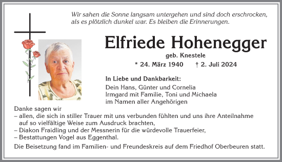 Traueranzeige von Elfriede Hohenegger von Allgäuer Zeitung, Kaufbeuren/Buchloe