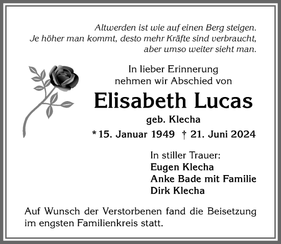 Traueranzeige von Elisabeth Lucas von Allgäuer Anzeigeblatt