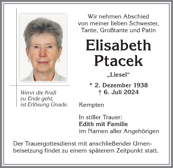 Traueranzeige von Elisabeth Ptacek von Allgäuer Zeitung,Kempten