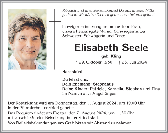 Traueranzeige von Elisabeth Seele von Allgäuer Zeitung,Kempten