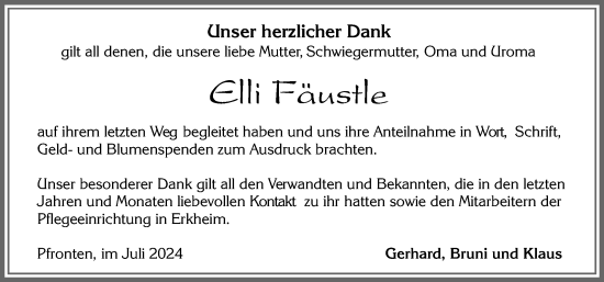 Traueranzeige von Elfriede Fäustle von Allgäuer Zeitung, Füssen