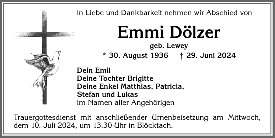 Traueranzeige von Emmi Dölzer von Allgäuer Zeitung, Kaufbeuren/Buchloe