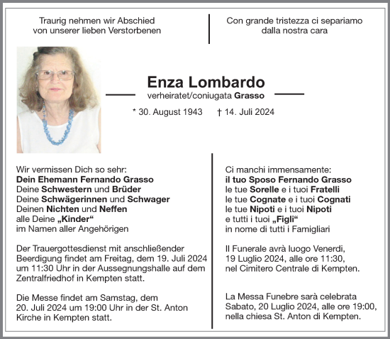 Traueranzeige von Enza Lombardo von Allgäuer Zeitung,Kempten