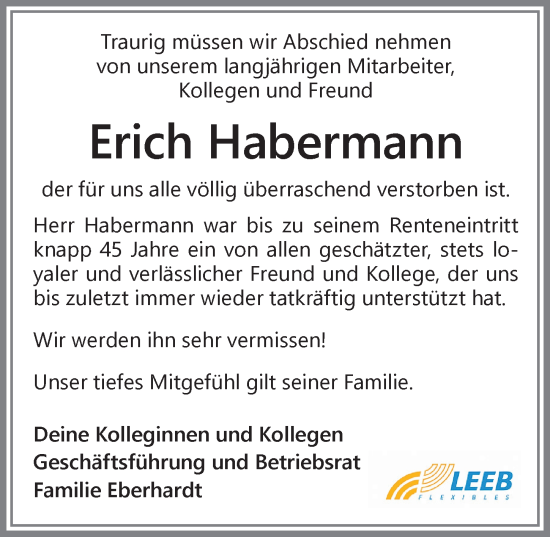 Traueranzeige von Erich Habermann von Memminger Zeitung